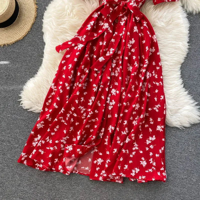 French Sweet Floral Dress Women V Neck Puff Sleeve Single-Breasted Belt Dress Summer Bohemian Print A-line Midi Dress