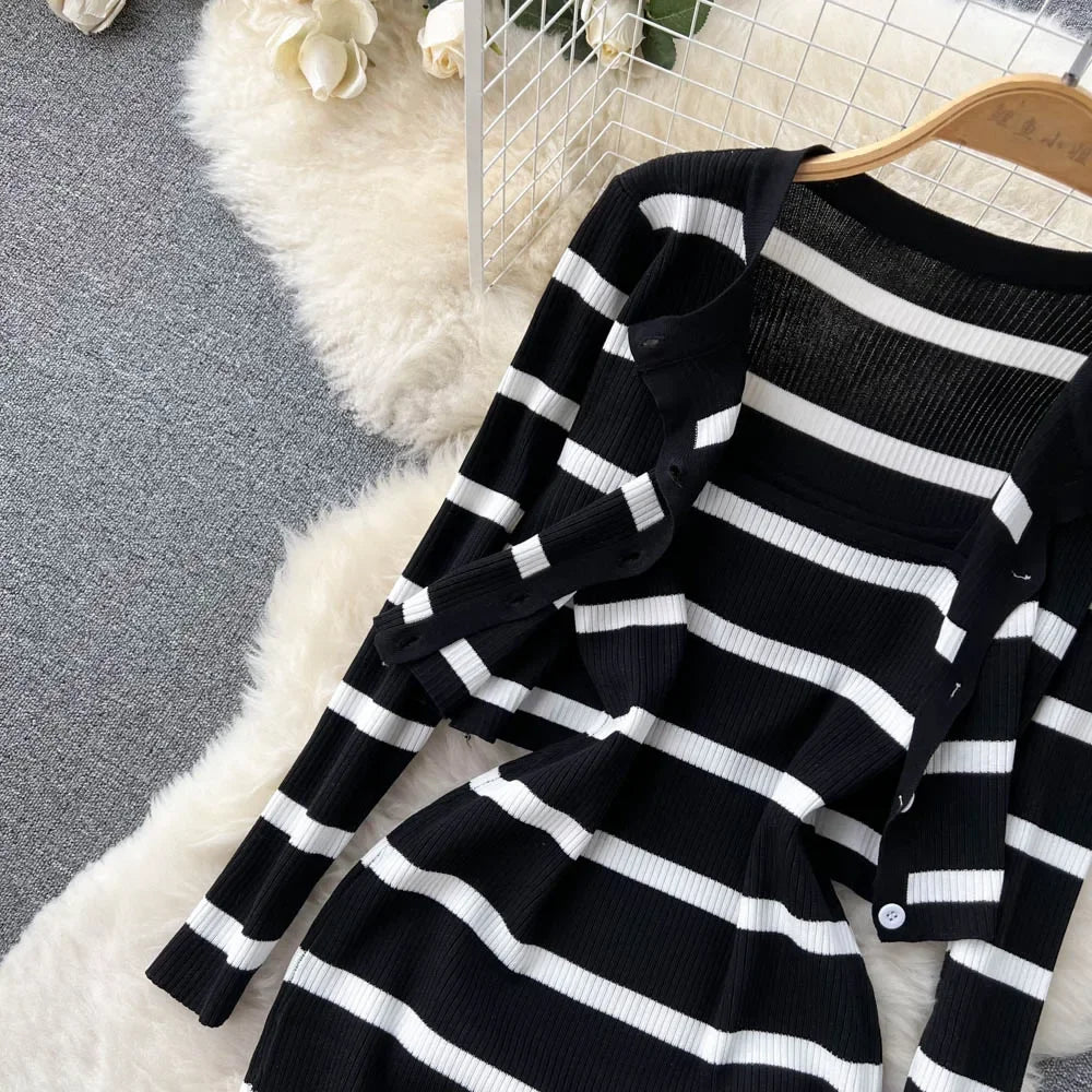Korean Sweet Hit Color Patchwork Striped Spaghetti Strap Dress and V Neck Long Sleeve Cardigans 2 Pieces Sets