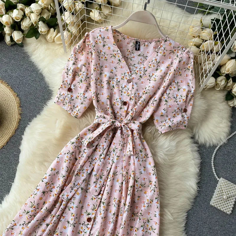 French Sweet Floral Dress Women V Neck Puff Sleeve Single-Breasted Belt Dress Summer Bohemian Print A-line Midi Dress