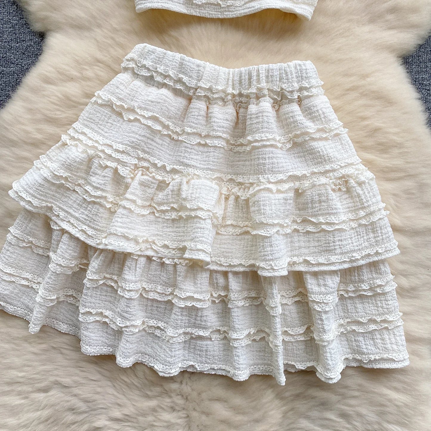 2024 Sweet Ruched Two Pieces Sets V Neck Strap Crop Tops+Short Pleated Skirt Women Korean Style Chic Summer Beachwear Suits
