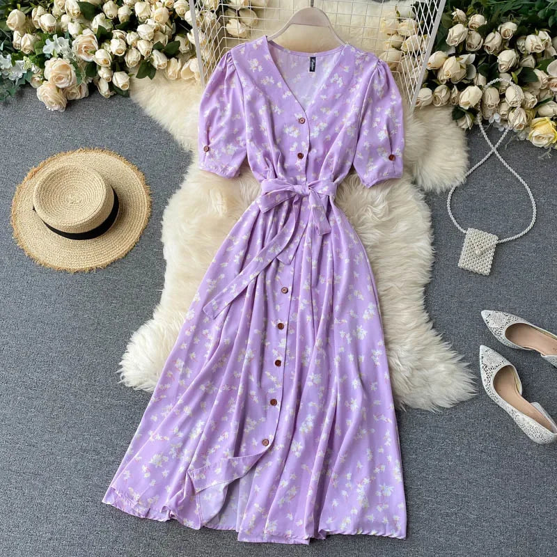 French Sweet Floral Dress Women V Neck Puff Sleeve Single-Breasted Belt Dress Summer Bohemian Print A-line Midi Dress