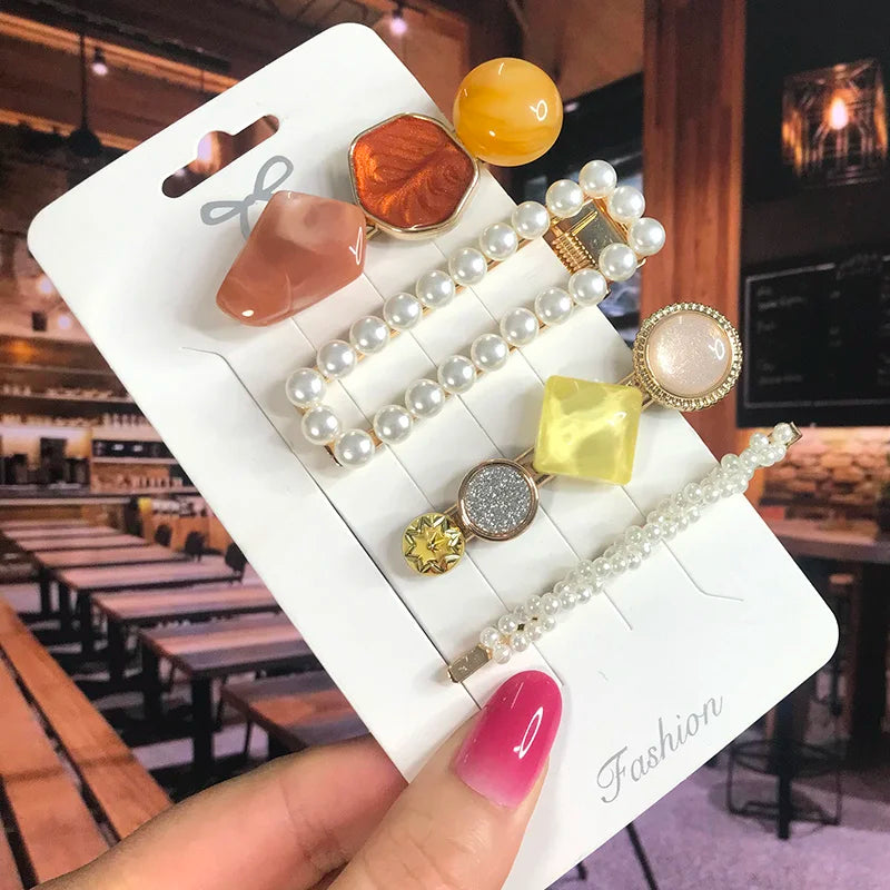 2022 Pearl Crystal Acrylic Hair Clips Set for Women Retro Geometric Barrettes Hairpin Girl Hair Accessories Fashion Jewelry