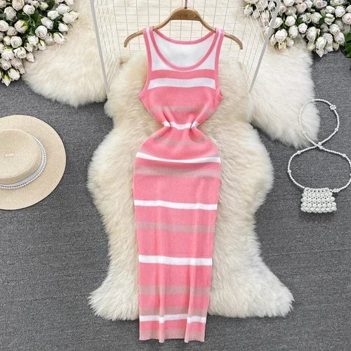 Chic Stripe O-neck Knit Elastic Bodycon Dress Sexy Beach Vacation Sundress Women Casual Slim Pencil Vestidos Maxi Long Dress
