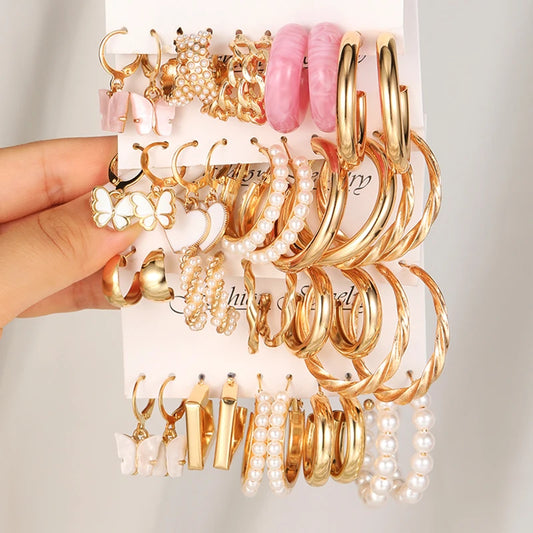 New European and American Earring Set for Women Gold Color Minimalist Big Circle Butterfly Heart Pearl Earrings Jewelry Gifts