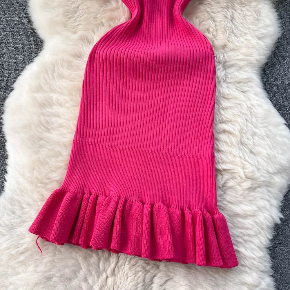 Summer Knitted Bodycon Sexy Dress 2024 O Neck Sleeveless Ruffled Party Sundress High Street Elastic Slim Short Dress