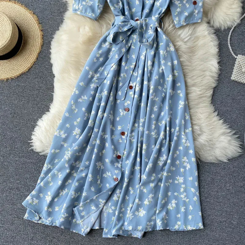 French Sweet Floral Dress Women V Neck Puff Sleeve Single-Breasted Belt Dress Summer Bohemian Print A-line Midi Dress
