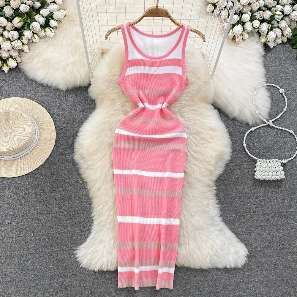 Chic Stripe O-neck Knit Elastic Bodycon Dress Sexy Beach Vacation Sundress Women Casual Slim Pencil Vestidos Maxi Long Dress