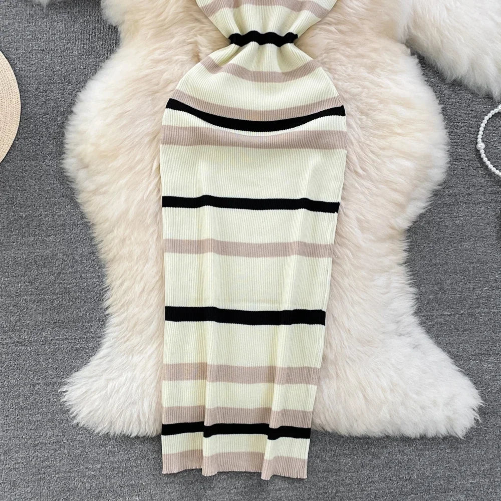 Chic Stripe O-neck Knit Elastic Bodycon Dress Sexy Beach Vacation Sundress Women Casual Slim Pencil Vestidos Maxi Long Dress