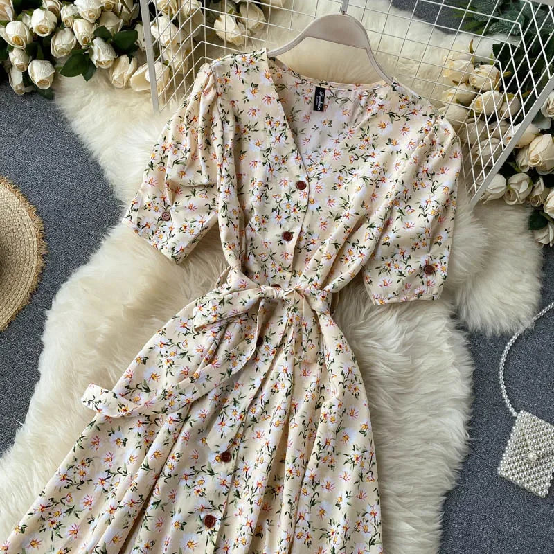 French Sweet Floral Dress Women V Neck Puff Sleeve Single-Breasted Belt Dress Summer Bohemian Print A-line Midi Dress