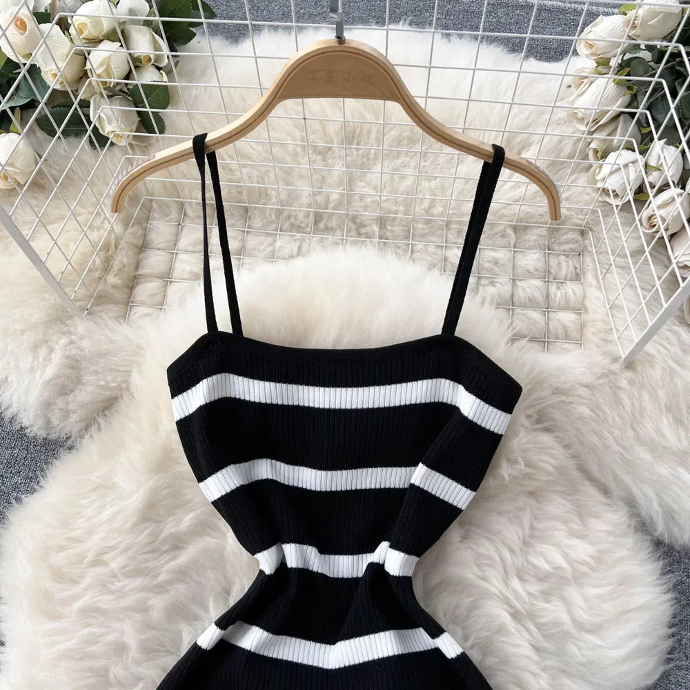 Korean Sweet Hit Color Patchwork Striped Spaghetti Strap Dress and V Neck Long Sleeve Cardigans 2 Pieces Sets
