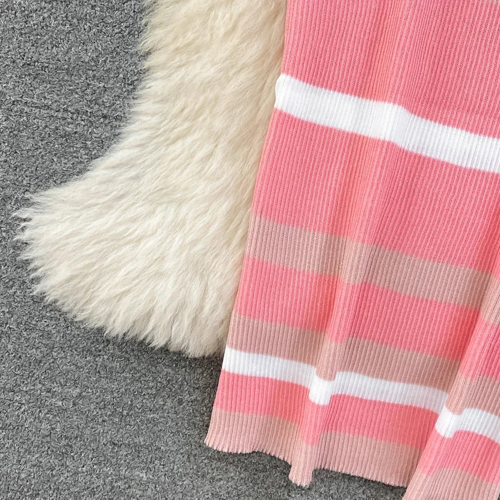 Chic Stripe O-neck Knit Elastic Bodycon Dress Sexy Beach Vacation Sundress Women Casual Slim Pencil Vestidos Maxi Long Dress