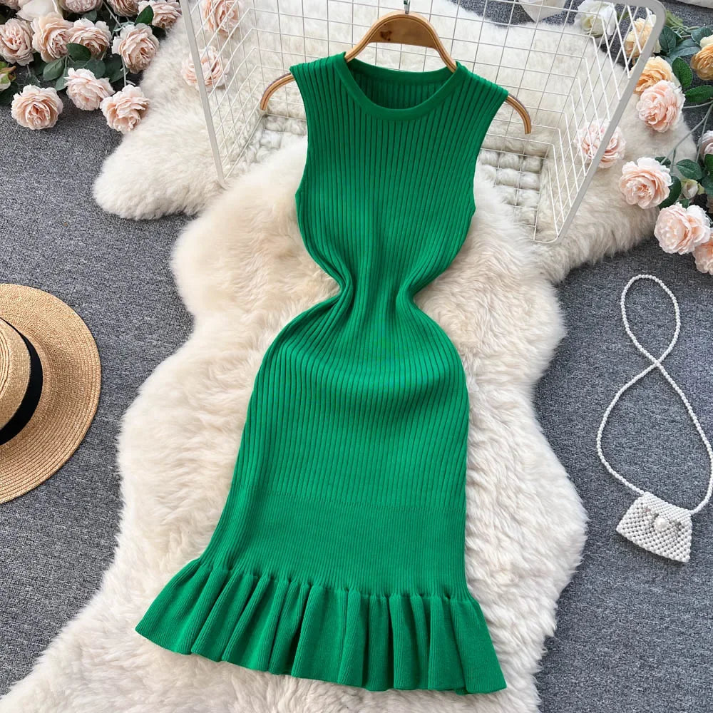 Summer Knitted Bodycon Sexy Dress 2024 O Neck Sleeveless Ruffled Party Sundress High Street Elastic Slim Short Dress