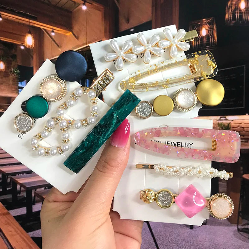 2022 Pearl Crystal Acrylic Hair Clips Set for Women Retro Geometric Barrettes Hairpin Girl Hair Accessories Fashion Jewelry