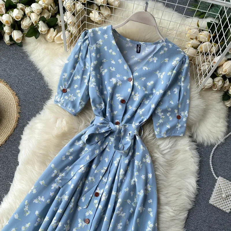 French Sweet Floral Dress Women V Neck Puff Sleeve Single-Breasted Belt Dress Summer Bohemian Print A-line Midi Dress
