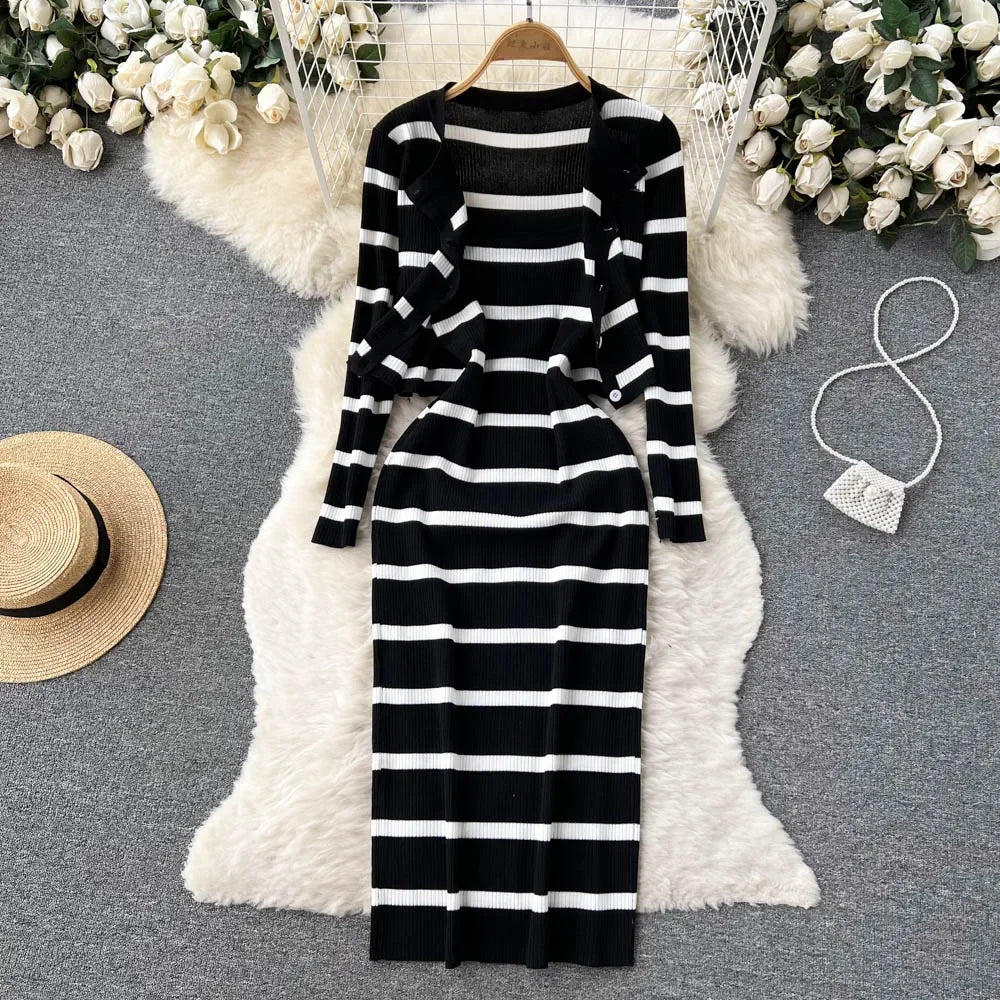 Korean Sweet Hit Color Patchwork Striped Spaghetti Strap Dress and V Neck Long Sleeve Cardigans 2 Pieces Sets