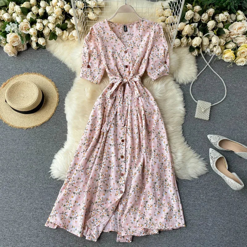 French Sweet Floral Dress Women V Neck Puff Sleeve Single-Breasted Belt Dress Summer Bohemian Print A-line Midi Dress