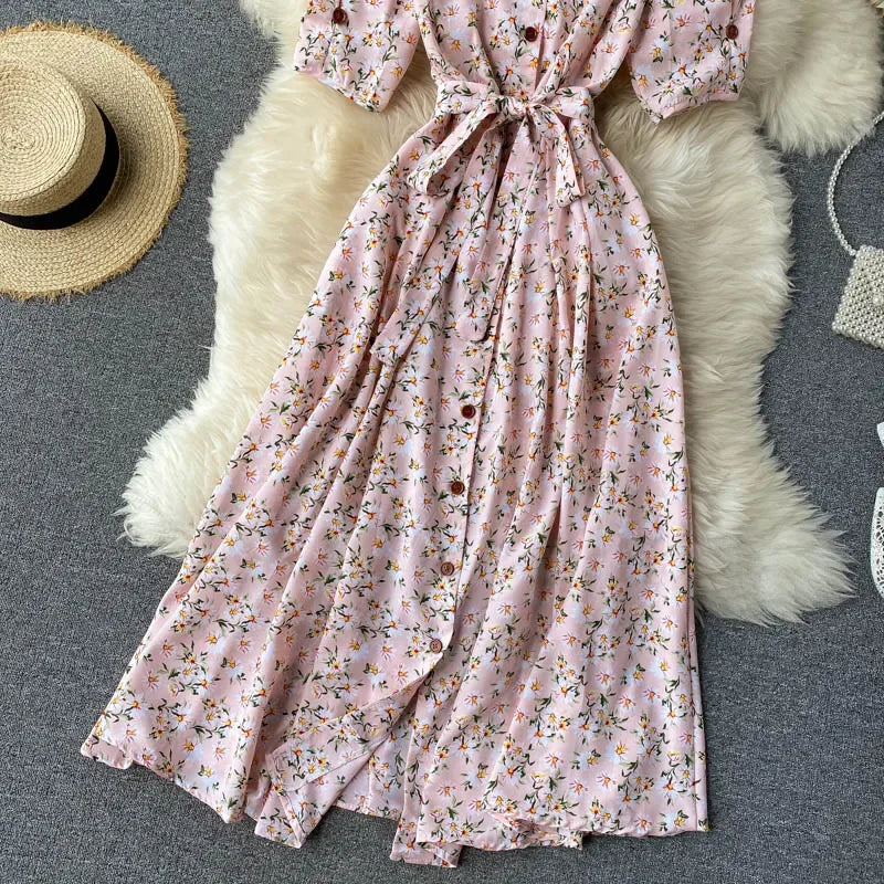 French Sweet Floral Dress Women V Neck Puff Sleeve Single-Breasted Belt Dress Summer Bohemian Print A-line Midi Dress