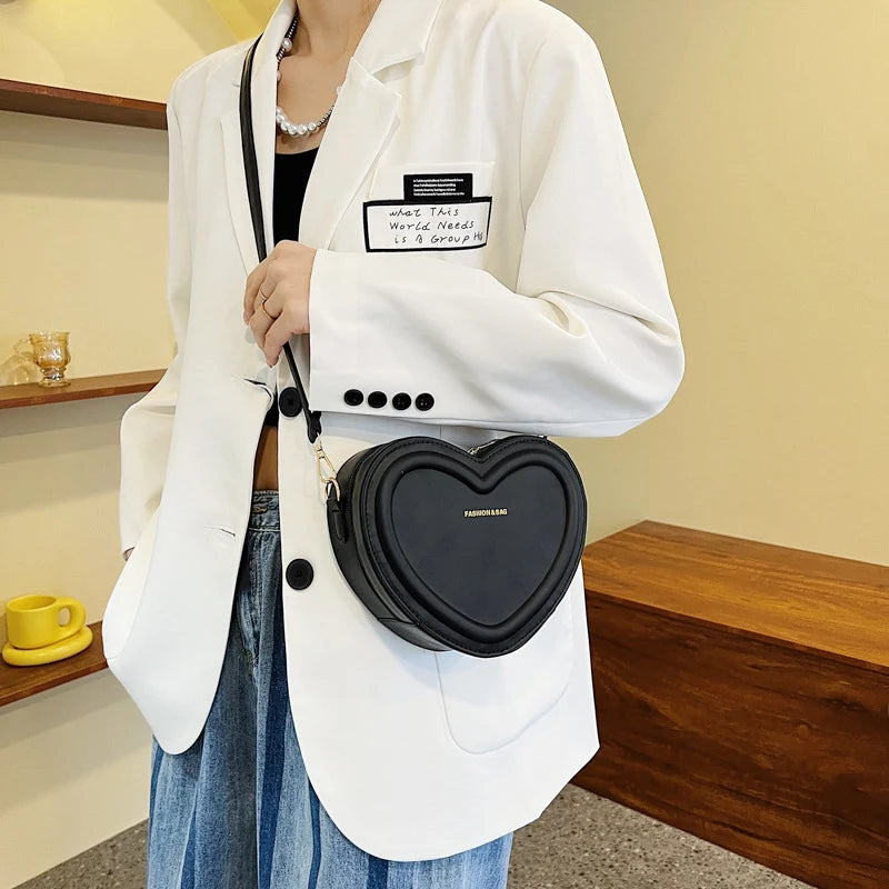 Fashion Heart Shaped Candy Color Small Shoulde Sling Bag For Girl PU Leather Zipper Women Casual Crossbody Bag