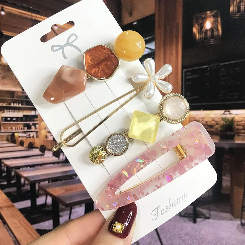 2022 Pearl Crystal Acrylic Hair Clips Set for Women Retro Geometric Barrettes Hairpin Girl Hair Accessories Fashion Jewelry