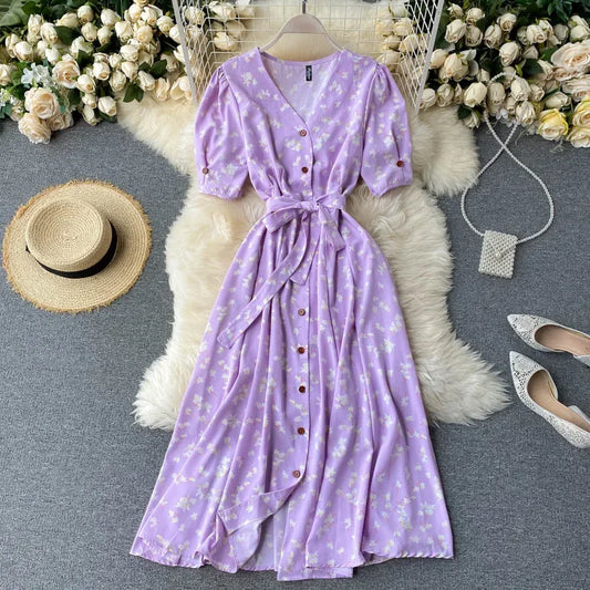 French Sweet Floral Dress Women V Neck Puff Sleeve Single-Breasted Belt Dress Summer Bohemian Print A-line Midi Dress