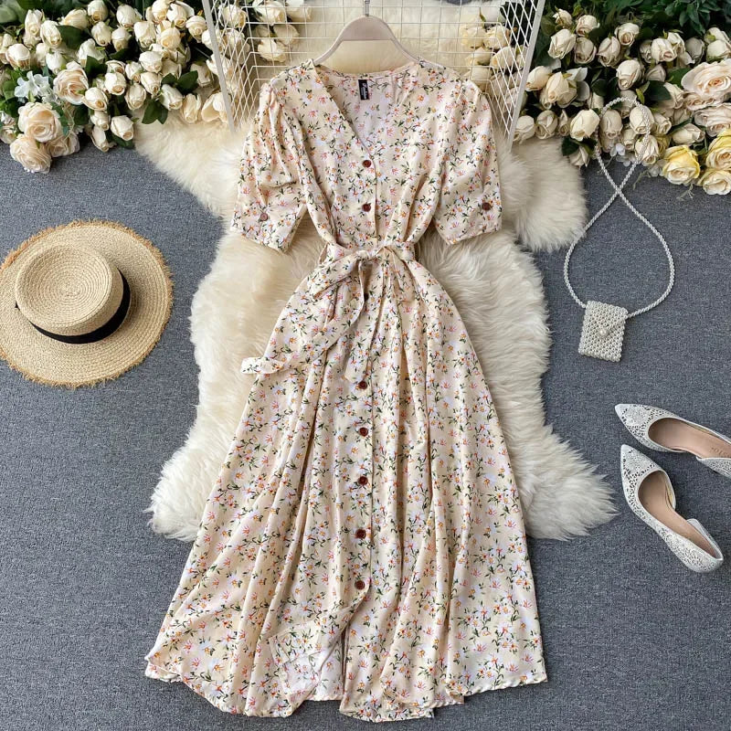 French Sweet Floral Dress Women V Neck Puff Sleeve Single-Breasted Belt Dress Summer Bohemian Print A-line Midi Dress