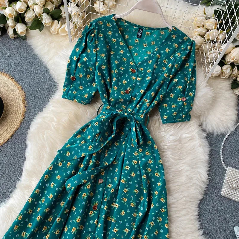 French Sweet Floral Dress Women V Neck Puff Sleeve Single-Breasted Belt Dress Summer Bohemian Print A-line Midi Dress
