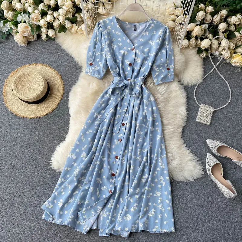 French Sweet Floral Dress Women V Neck Puff Sleeve Single-Breasted Belt Dress Summer Bohemian Print A-line Midi Dress