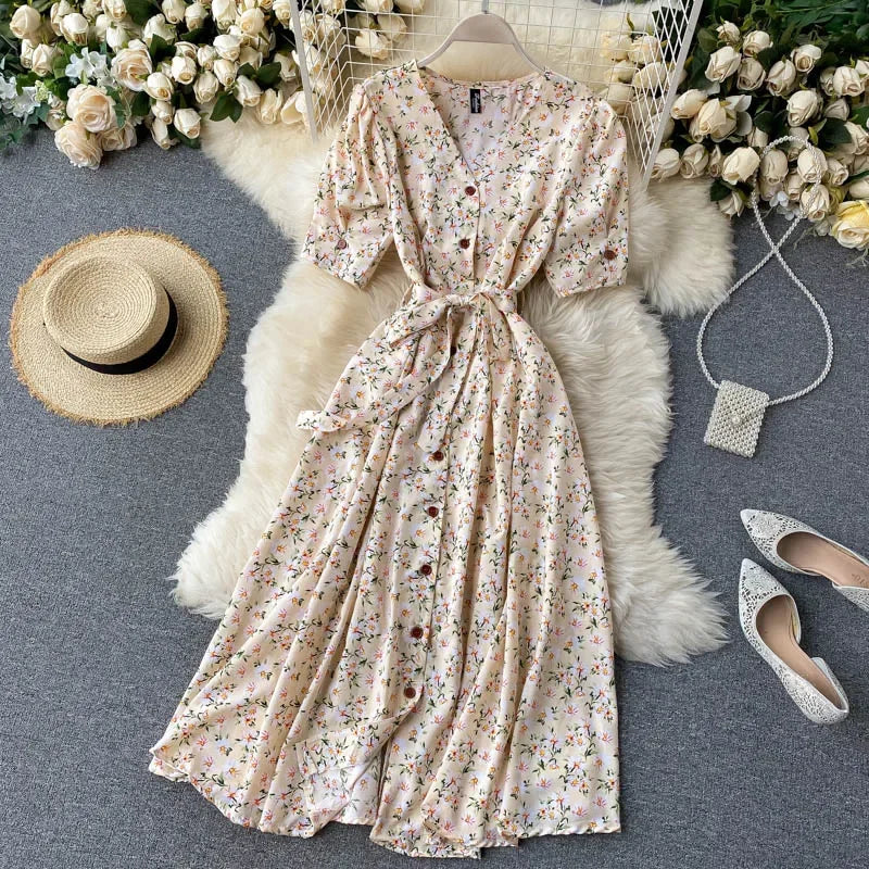 French Sweet Floral Dress Women V Neck Puff Sleeve Single-Breasted Belt Dress Summer Bohemian Print A-line Midi Dress