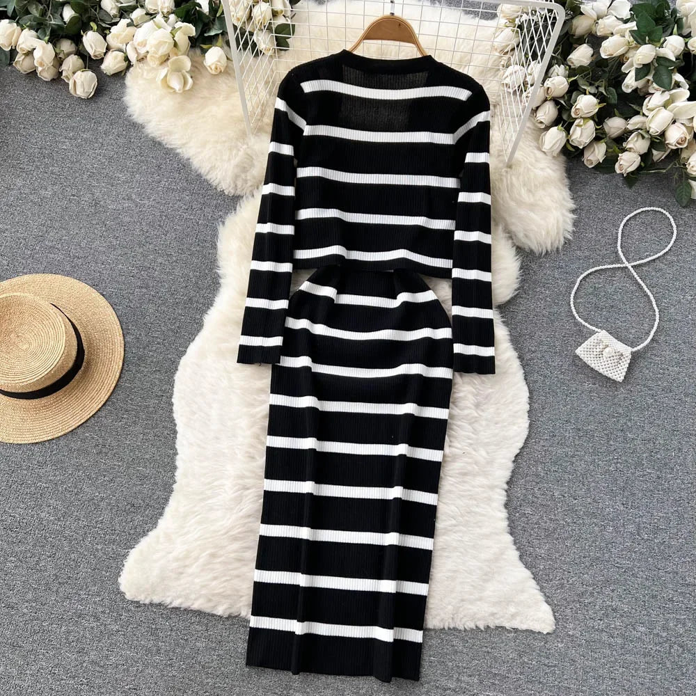 Korean Sweet Hit Color Patchwork Striped Spaghetti Strap Dress and V Neck Long Sleeve Cardigans 2 Pieces Sets
