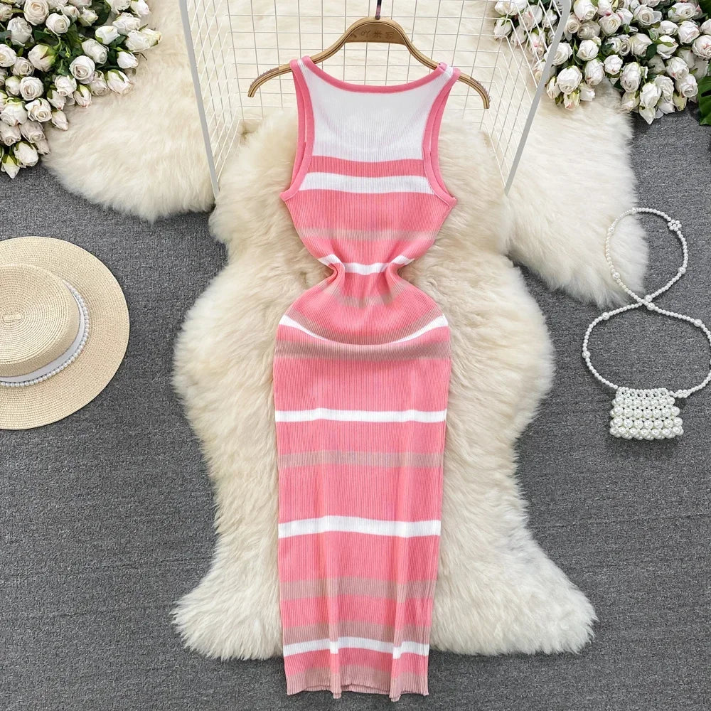 Chic Stripe O-neck Knit Elastic Bodycon Dress Sexy Beach Vacation Sundress Women Casual Slim Pencil Vestidos Maxi Long Dress