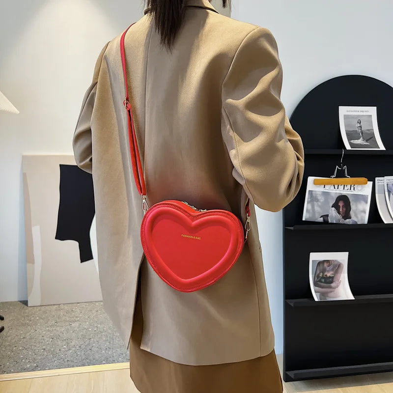 Fashion Heart Shaped Candy Color Small Shoulde Sling Bag For Girl PU Leather Zipper Women Casual Crossbody Bag