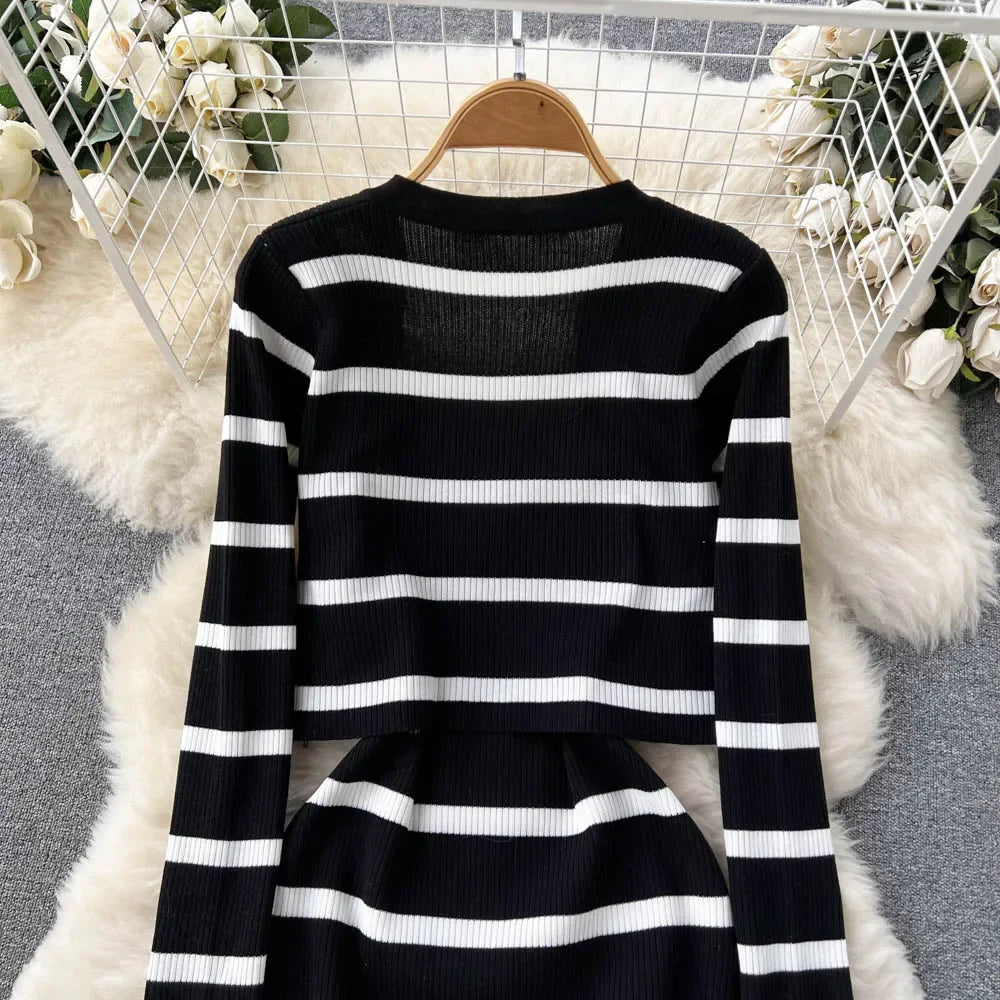 Korean Sweet Hit Color Patchwork Striped Spaghetti Strap Dress and V Neck Long Sleeve Cardigans 2 Pieces Sets