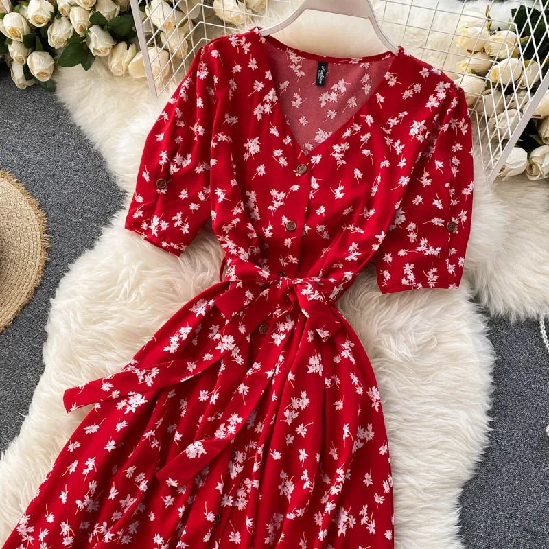 French Sweet Floral Dress Women V Neck Puff Sleeve Single-Breasted Belt Dress Summer Bohemian Print A-line Midi Dress