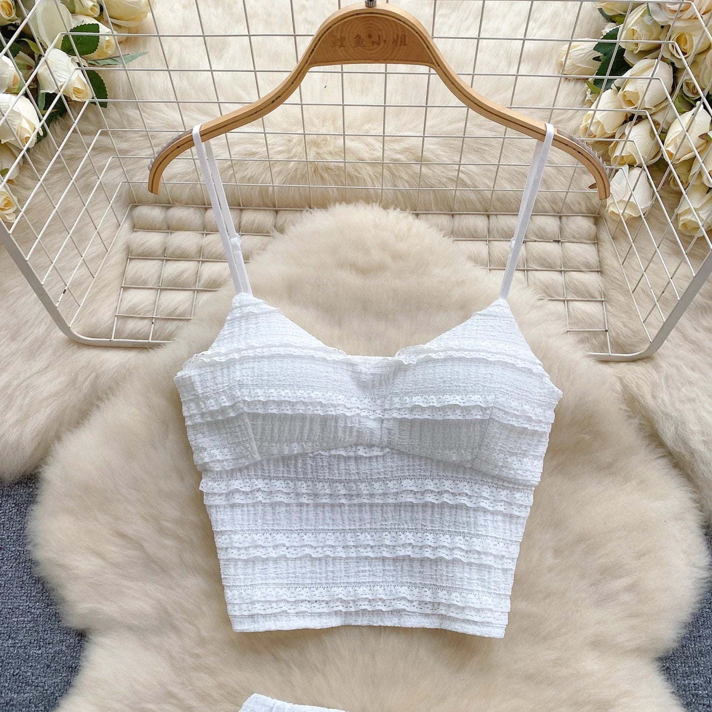 2024 Sweet Ruched Two Pieces Sets V Neck Strap Crop Tops+Short Pleated Skirt Women Korean Style Chic Summer Beachwear Suits