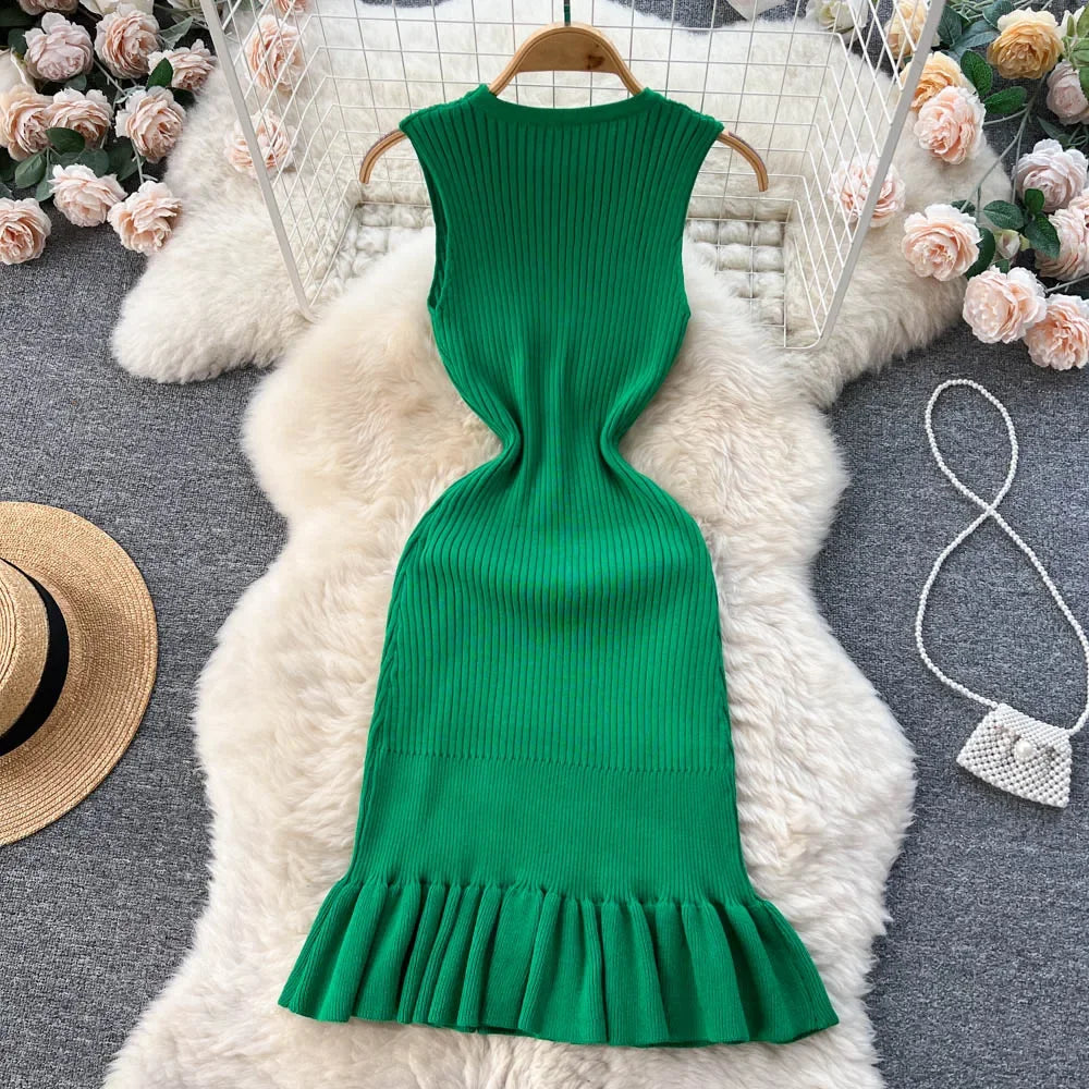 Summer Knitted Bodycon Sexy Dress 2024 O Neck Sleeveless Ruffled Party Sundress High Street Elastic Slim Short Dress