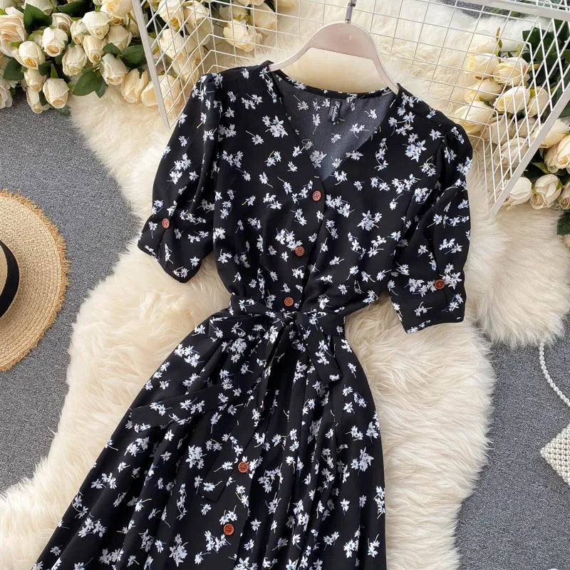French Sweet Floral Dress Women V Neck Puff Sleeve Single-Breasted Belt Dress Summer Bohemian Print A-line Midi Dress