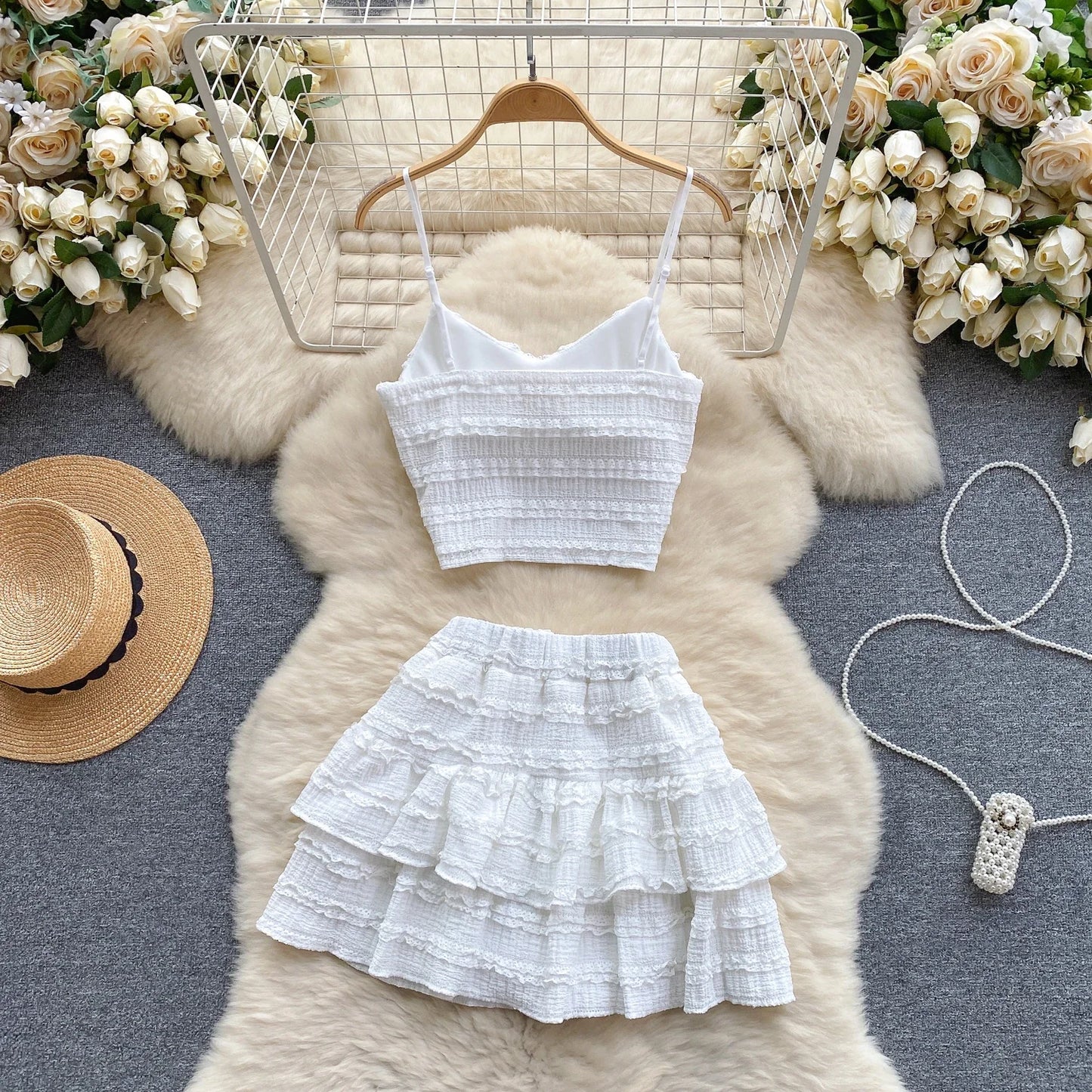 2024 Sweet Ruched Two Pieces Sets V Neck Strap Crop Tops+Short Pleated Skirt Women Korean Style Chic Summer Beachwear Suits
