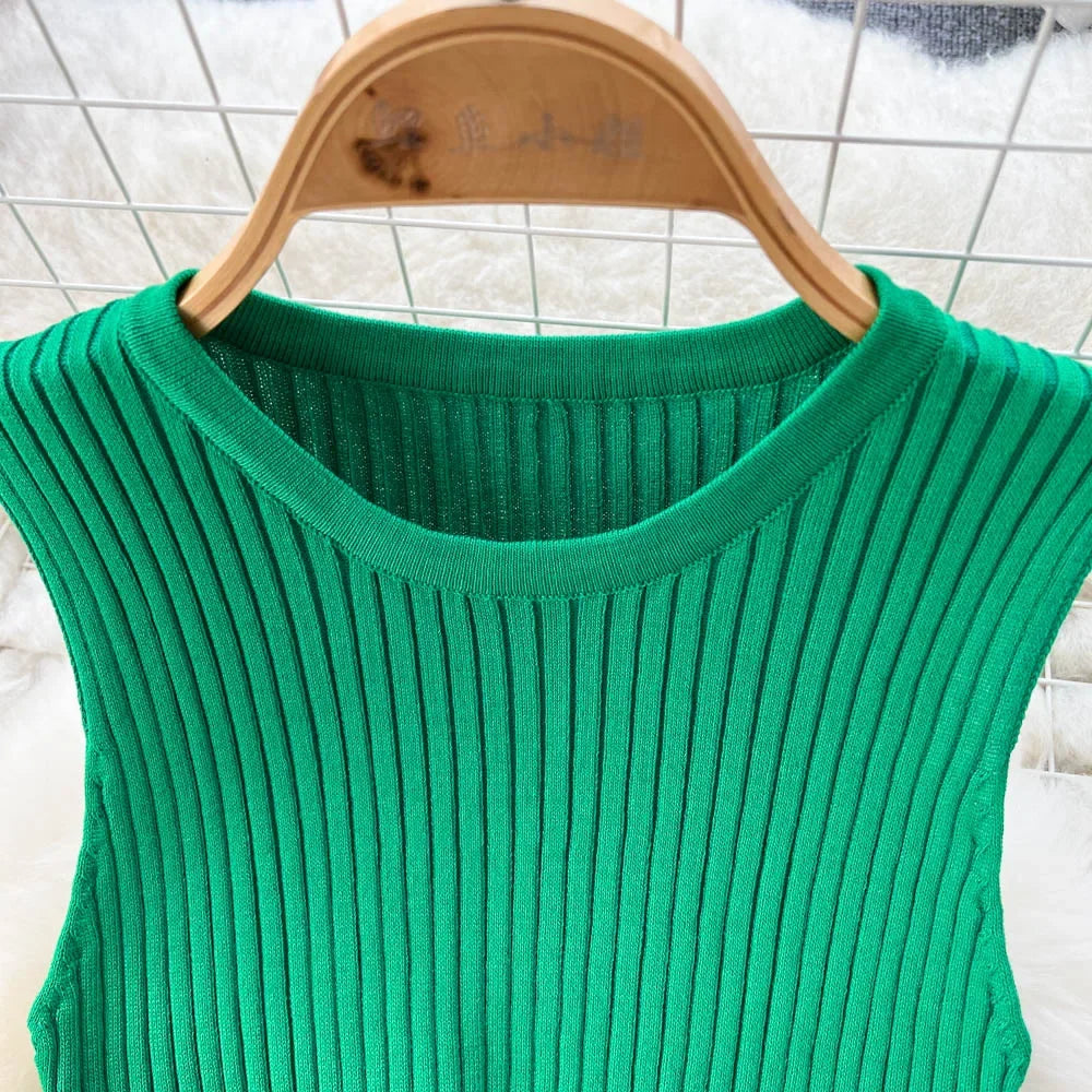 Summer Knitted Bodycon Sexy Dress 2024 O Neck Sleeveless Ruffled Party Sundress High Street Elastic Slim Short Dress