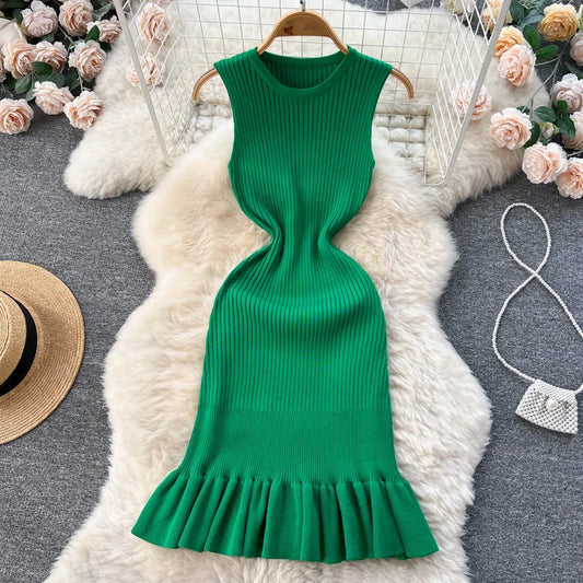 Summer Knitted Bodycon Sexy Dress 2024 O Neck Sleeveless Ruffled Party Sundress High Street Elastic Slim Short Dress