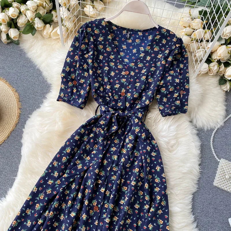 French Sweet Floral Dress Women V Neck Puff Sleeve Single-Breasted Belt Dress Summer Bohemian Print A-line Midi Dress