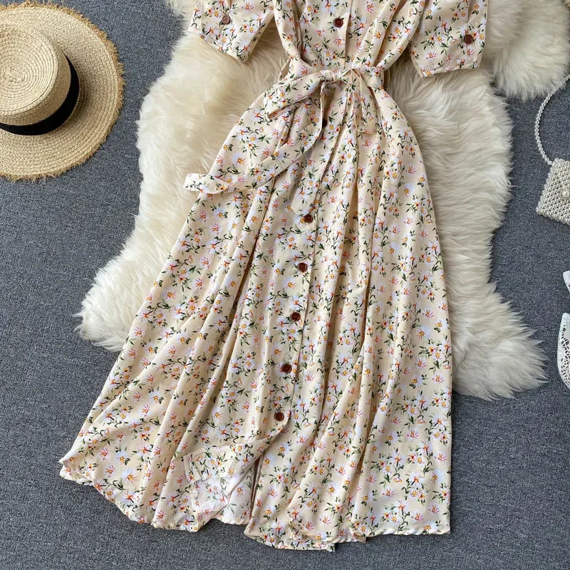French Sweet Floral Dress Women V Neck Puff Sleeve Single-Breasted Belt Dress Summer Bohemian Print A-line Midi Dress