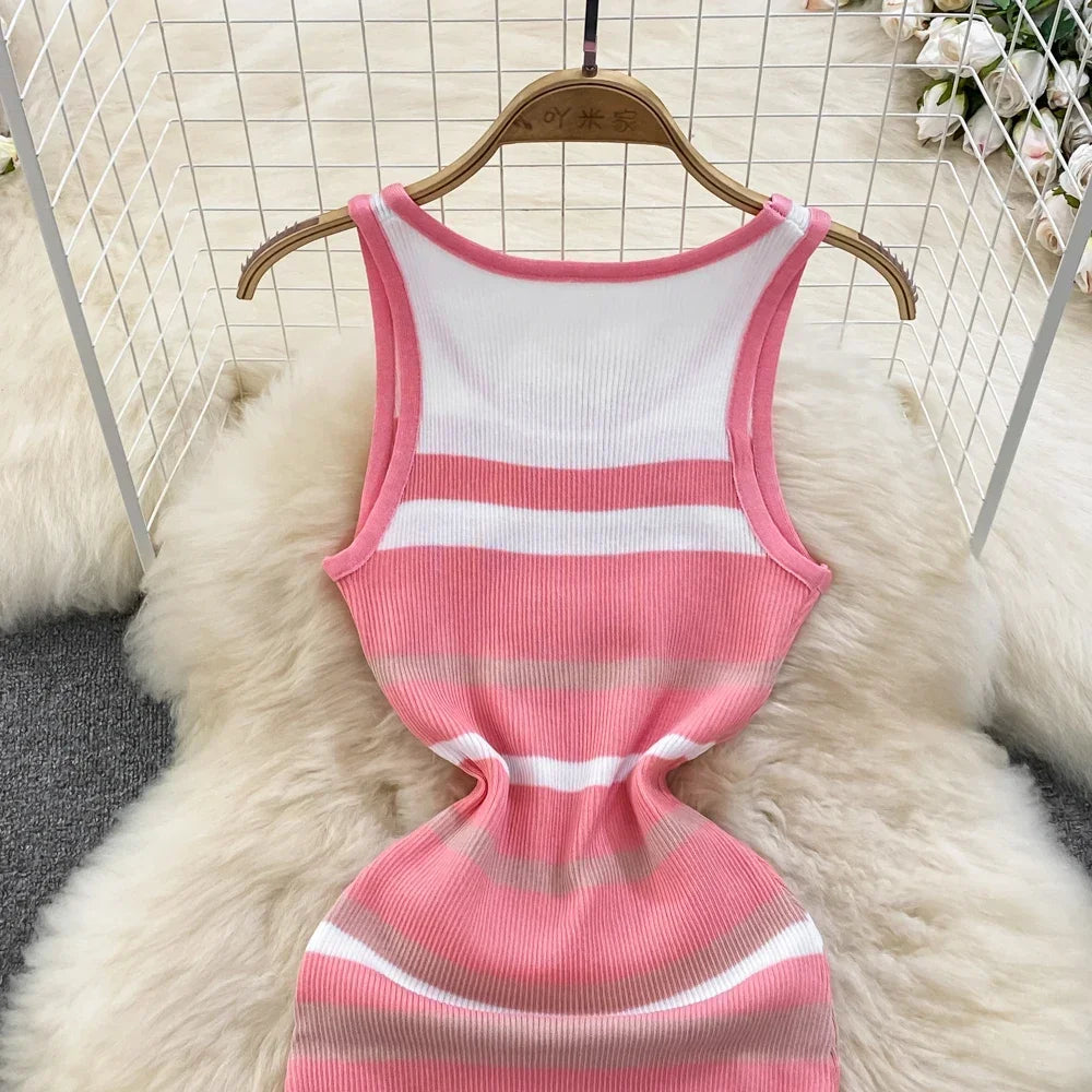 Chic Stripe O-neck Knit Elastic Bodycon Dress Sexy Beach Vacation Sundress Women Casual Slim Pencil Vestidos Maxi Long Dress