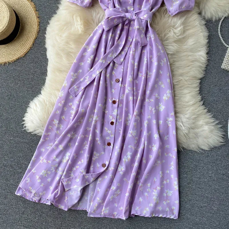 French Sweet Floral Dress Women V Neck Puff Sleeve Single-Breasted Belt Dress Summer Bohemian Print A-line Midi Dress