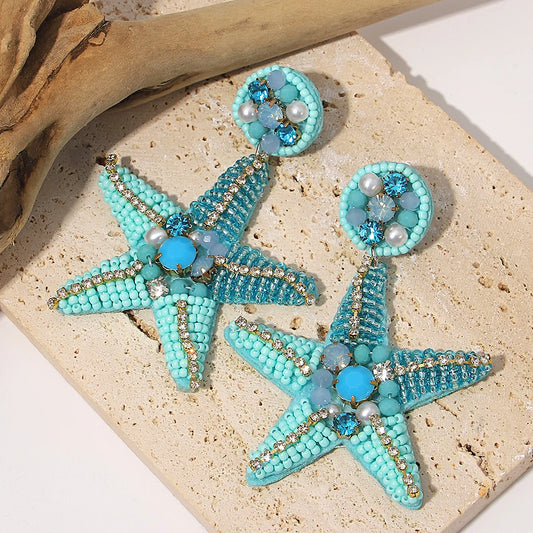 AENSOA Handmade Beaded Blue Starfish Drop Earrings for Women Bohemian Seed Bead Ocean Animal Earrings Summer Holiday Jewelry