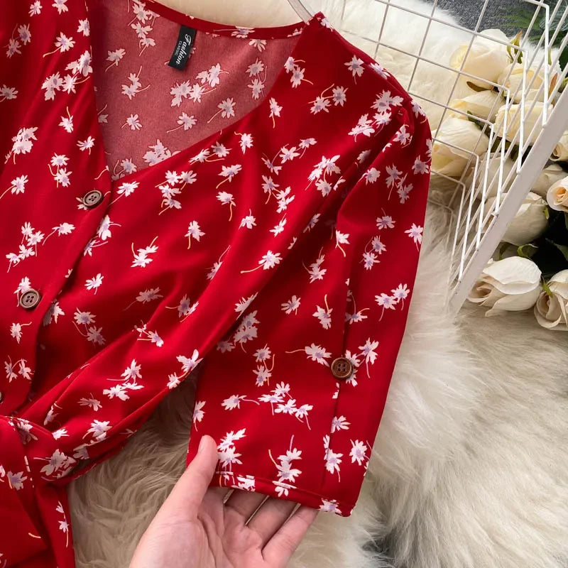 French Sweet Floral Dress Women V Neck Puff Sleeve Single-Breasted Belt Dress Summer Bohemian Print A-line Midi Dress