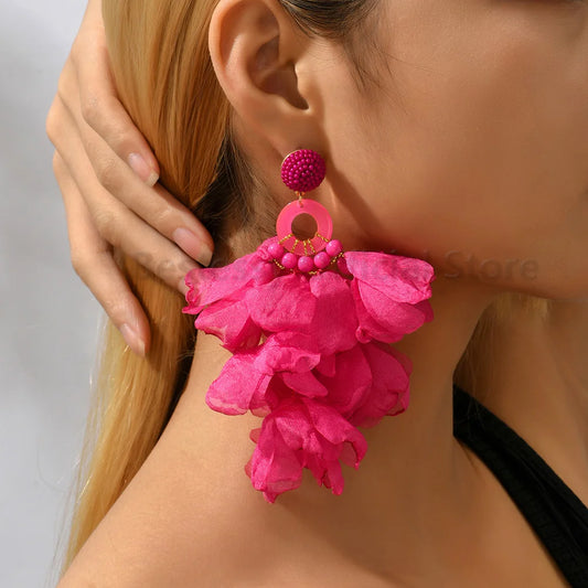 Boho Printed Fabric Flower Petal Decor Dangle Earrings For Women Luxury Elegant Handmade Bead Tassel Exaggerated Pendant Jewelry