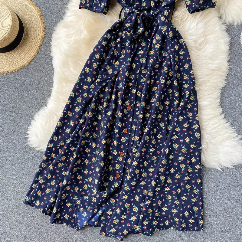 French Sweet Floral Dress Women V Neck Puff Sleeve Single-Breasted Belt Dress Summer Bohemian Print A-line Midi Dress