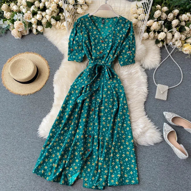 French Sweet Floral Dress Women V Neck Puff Sleeve Single-Breasted Belt Dress Summer Bohemian Print A-line Midi Dress