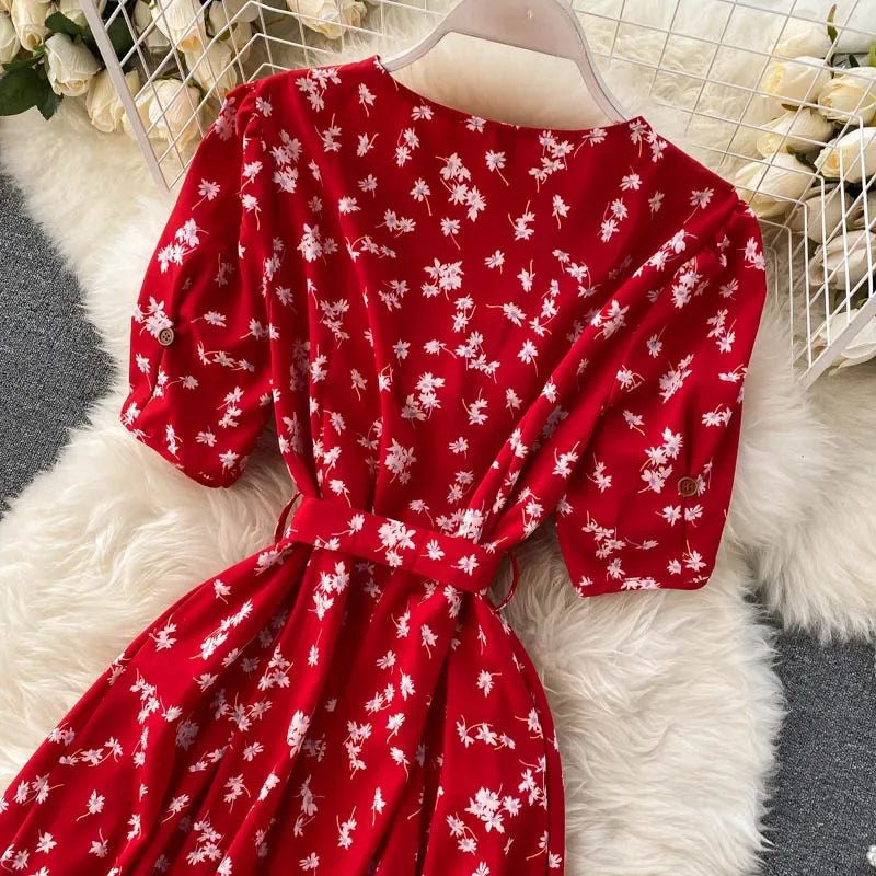 French Sweet Floral Dress Women V Neck Puff Sleeve Single-Breasted Belt Dress Summer Bohemian Print A-line Midi Dress