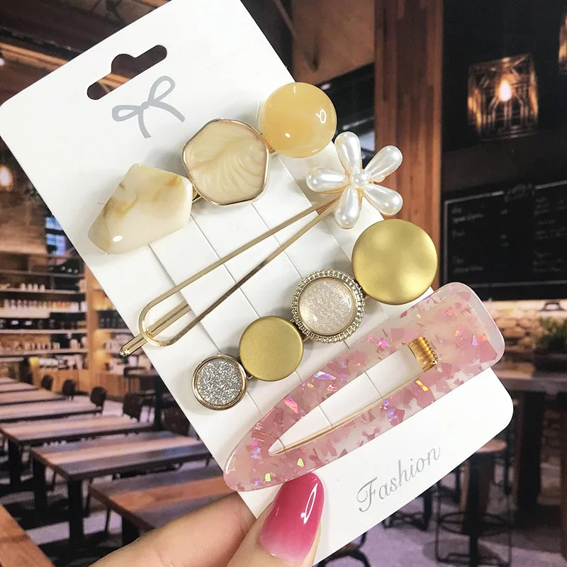 2022 Pearl Crystal Acrylic Hair Clips Set for Women Retro Geometric Barrettes Hairpin Girl Hair Accessories Fashion Jewelry
